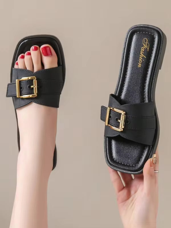 Women's Summer Sandals, Young Women, Summer Elegant Minimalist, Women's Sandals, Flat Sandals, Gold Square Buckle Trim Design, Slippers, Thick Soft Cushion Footbed, Black Sandals, Suitable For City Daily Holiday, Outdoor Scene Outfit, Sandals