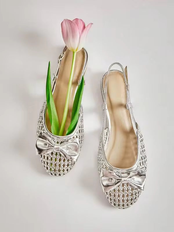 Solezae Women's Elegant Ribbon Decorated Woven PU Comfortable Sling-Back Flats