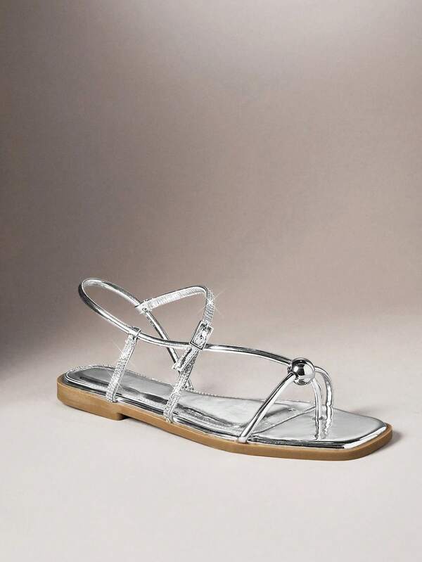 SHUZIA Women's Minimalist Elegant Metal Ring Decor Sling Back ThongFlat Sandals